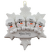 Family ornament with 4 white snowmen stacked on top of a glitter white snowflake, personalized with names.