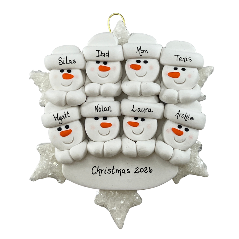 Personalized snowman family ornament with names and 'Christmas 2026' on a white background
