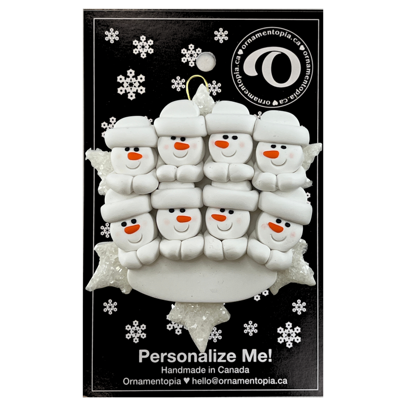 Ornament with snowmen on a black background with white snowflakes, featuring 'Ornamentopia' branding.