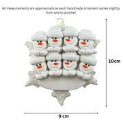 Decorative ornament with snowmen on a white background with measurements indicated.