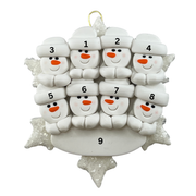 Decorative Christmas ornament with nine snowmen on a white background