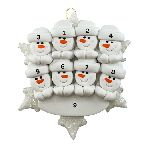 Decorative Christmas ornament with nine snowmen on a white background