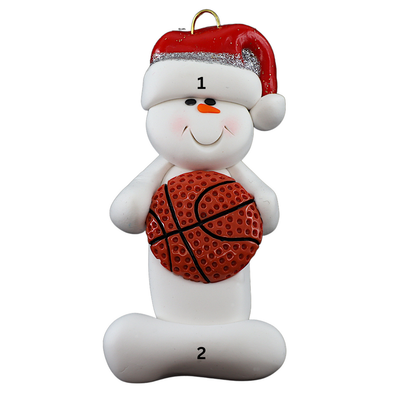 Ornament of white snowman in red hat holding a basketball, numbered 1-2 for personalization.