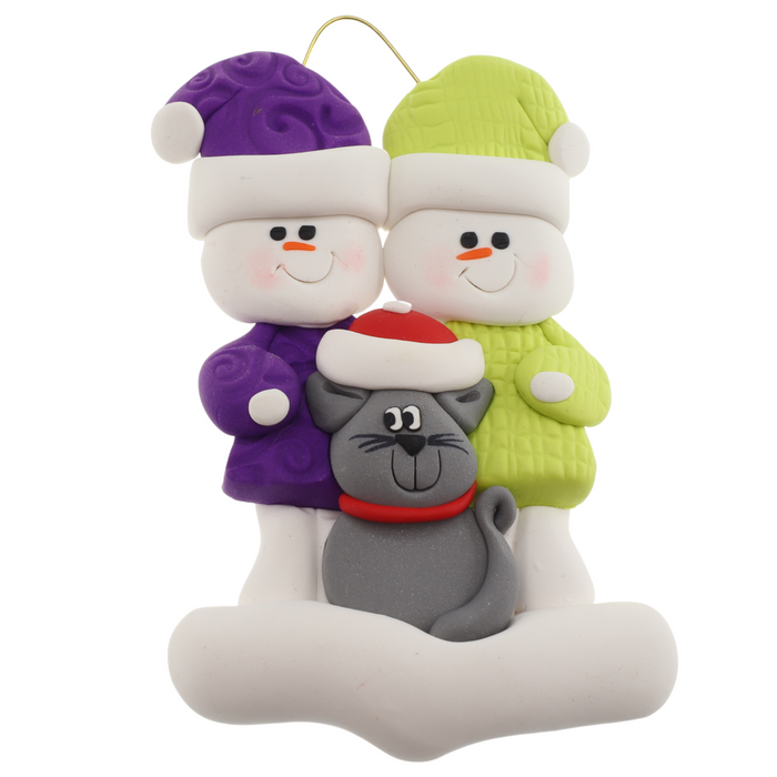 Snowman Couple with Grey Cat Ornament