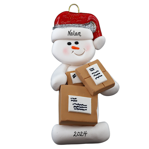 Ornament of white snowman in red hat holding several parcels, personalized with name.