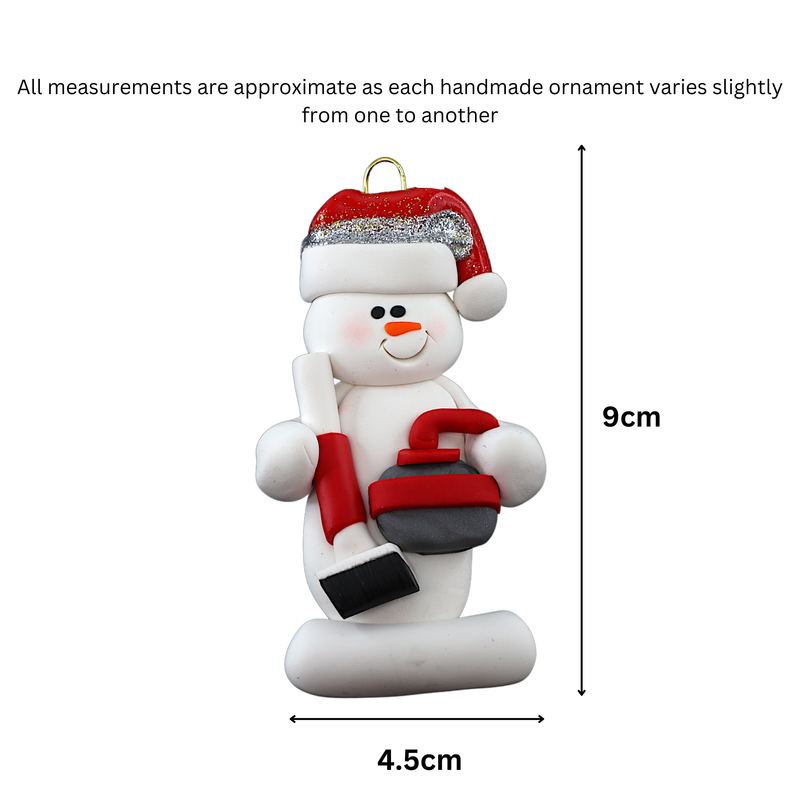 Snowman Curler Christmas Ornament - Red