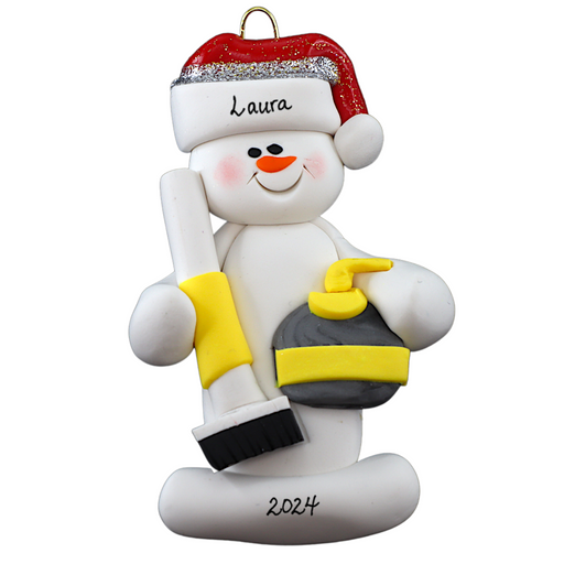 Ornament of white snowman in red hat holding yellow curling stone and broom, personalized with name.