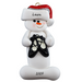 Ornament of white snowman in red hat holding black ballet shoes, personalized with name.