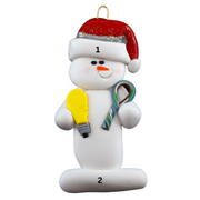 Ornament of white snowman in red hat holding a lightbulb and coil of wire, numbered 1-2 for personalization.
