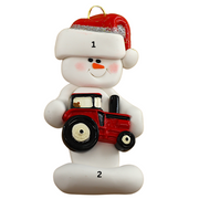 Ornament of white snowman in red hat holding a red tractor, numbered 1-2 for personalization.