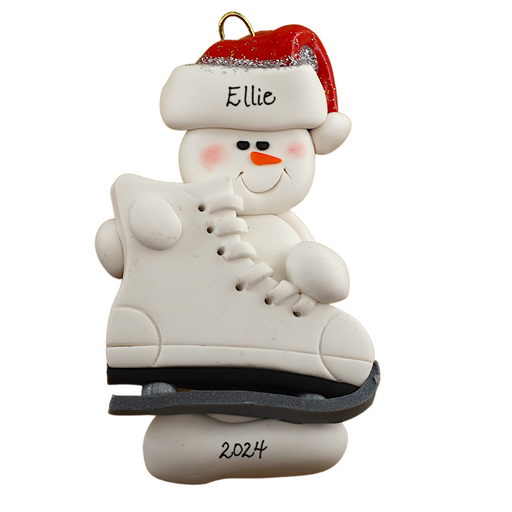 Ornament of white snowman in red hat holding a large white ice skate, personalized with name.