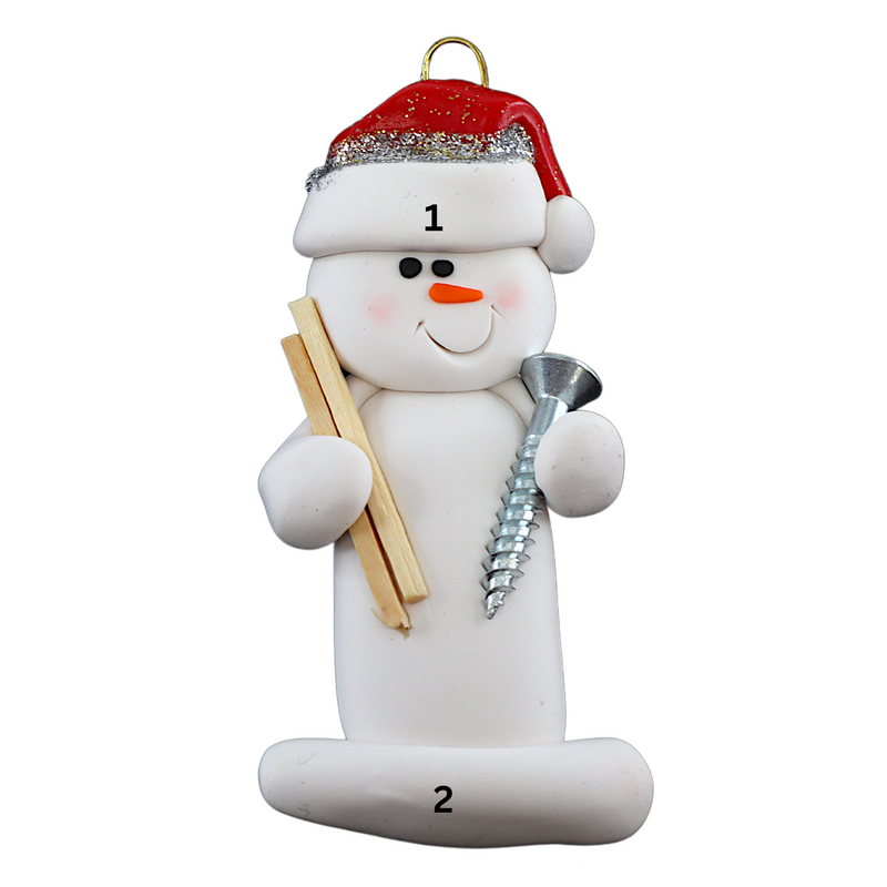 Ornament of white snowman in red hat holding a piece of wood and a screw, numbered 1-2 for personalization.