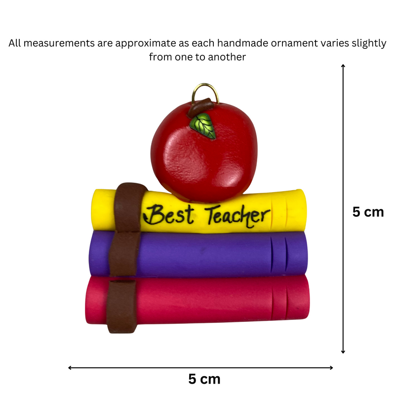 Stack of books and red apple teacher appreciation ornament, graphed to show size (5x5cm).