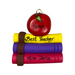 Stack of books and red apple teacher appreciation ornament, personalized with name.