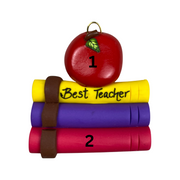 Stack of books and red apple teacher appreciation ornament, numbered 1-2 for personalization.