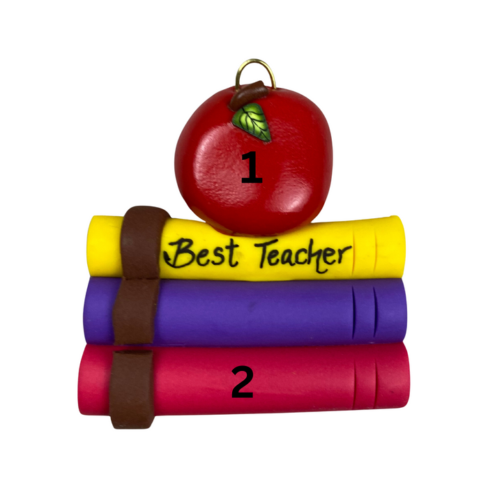 Stack of books and red apple teacher appreciation ornament, numbered 1-2 for personalization.