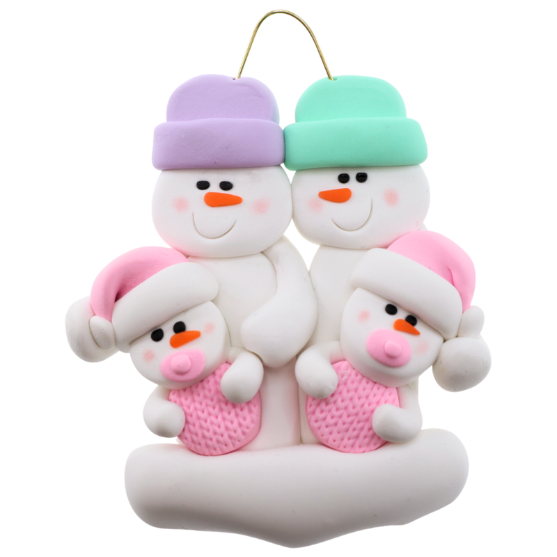 Twin Baby Snowman Family Christmas Ornament - Pink (new colors)