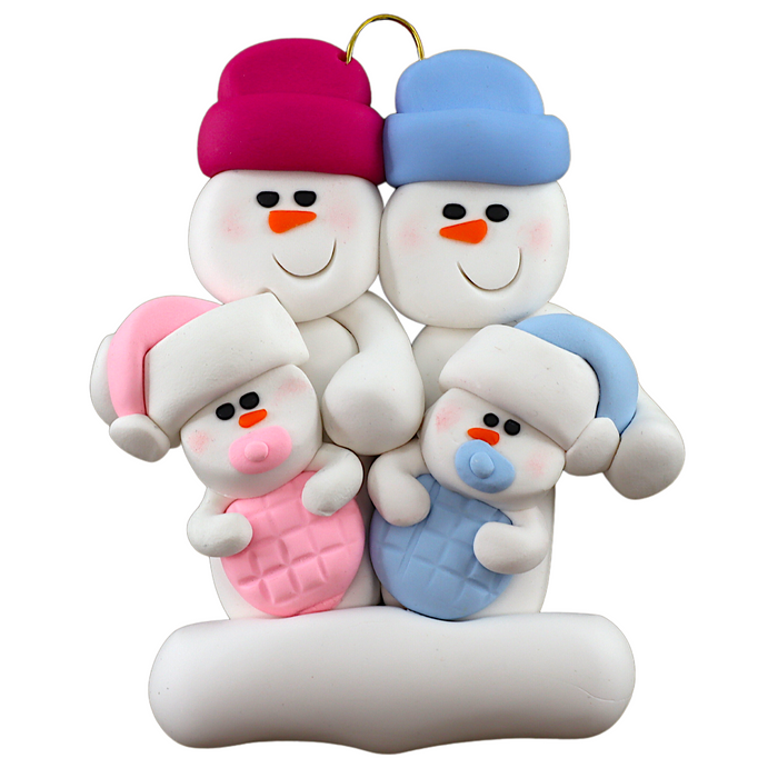 Twin Baby Snowman Family Ornament Blue & Pink