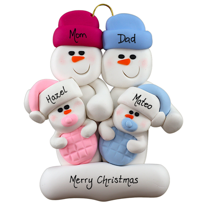 Twin Baby Snowman Family Ornament Blue & Pink