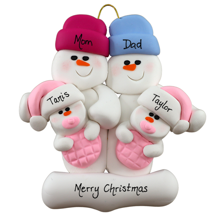 Twin Baby Snowman Family Christmas Ornament - Pink