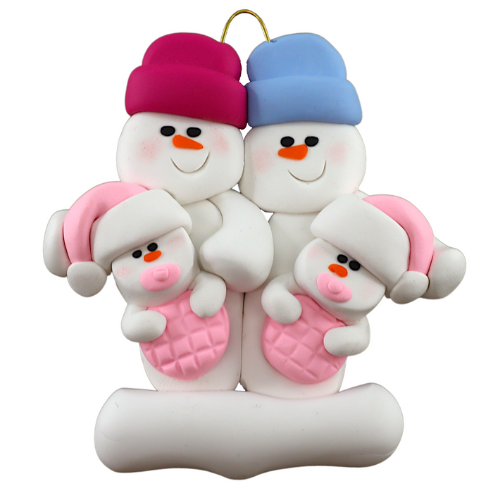 Twin Baby Snowman Family Ornament - Pink