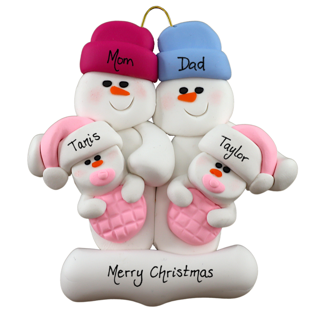 Twin Baby Snowman Family Christmas Ornament Pink — Ornamentopia