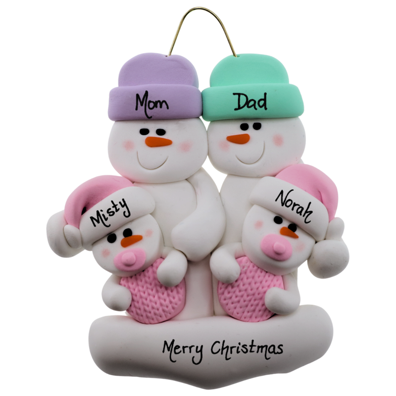 Twin Baby Snowman Family Christmas Ornament - Pink (new colors)