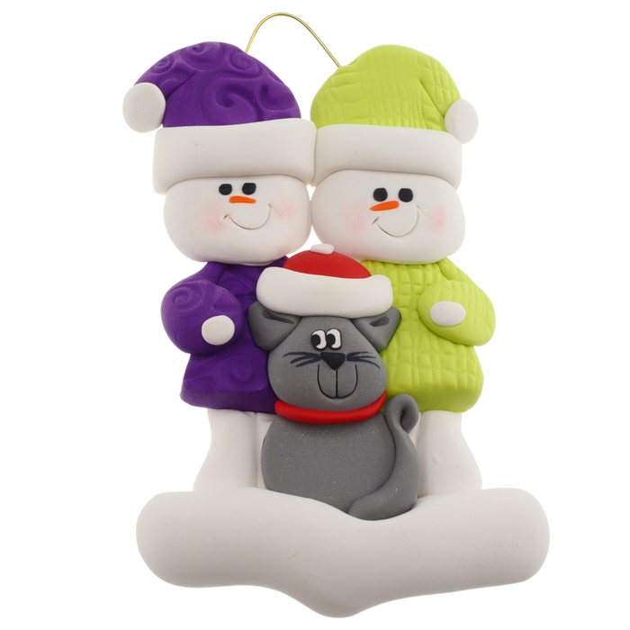 Snowman Couple with Grey Cat Ornament