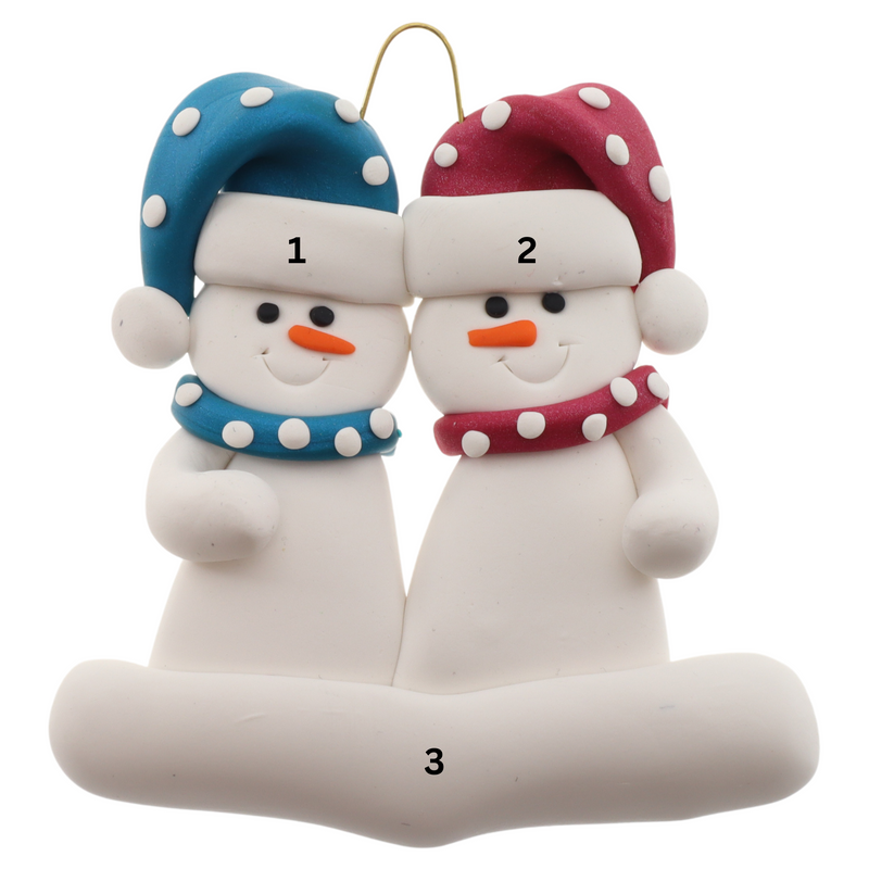 A couple’s ornament of two white snowmen in polka dot scarves and hats, numbered 1-3 for personalization.