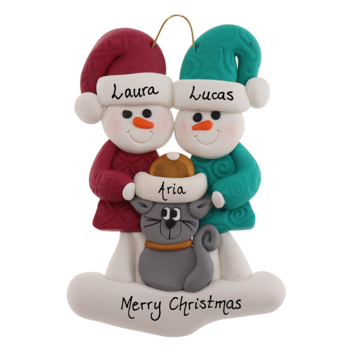 Snowman Couple with Grey Cat Ornament - New 2024