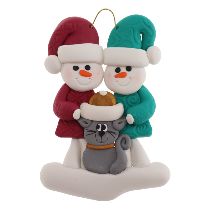 Snowman Couple with Grey Cat Ornament - New 2024