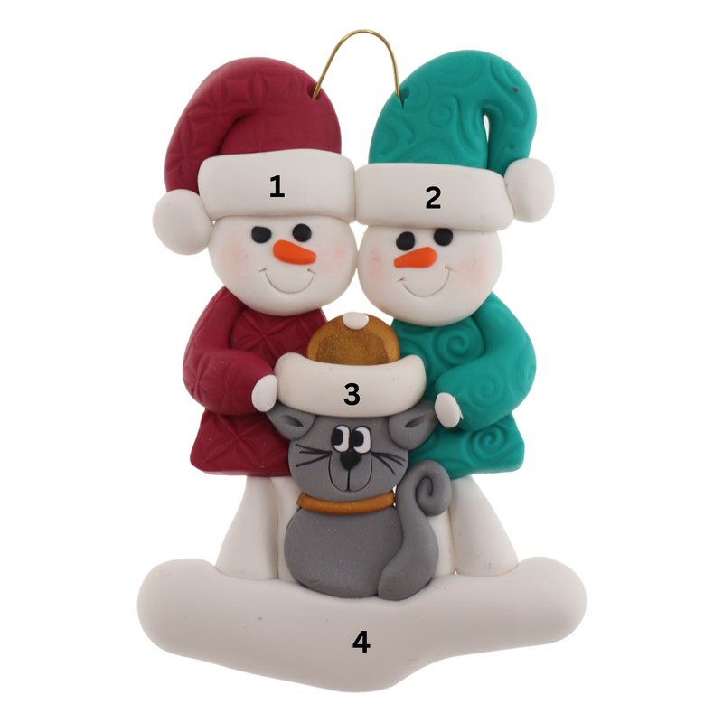 Ornament of snowman couple in red and green shirts and hats with grey cat in Christmas hat, numbered 1-4 for personalization.