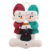 Ornament of snowman couple in red and green shirts and hats with black dog in Christmas hat, numbered 1-4 for personalization.