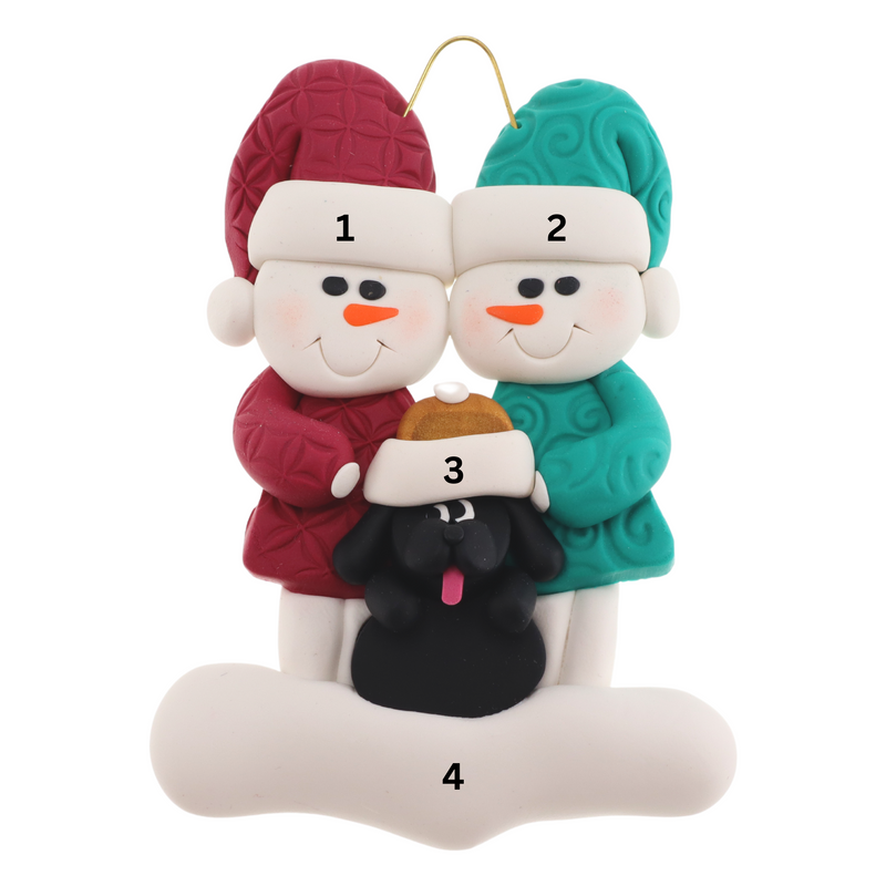 Ornament of snowman couple in red and green shirts and hats with black dog in Christmas hat, numbered 1-4 for personalization.