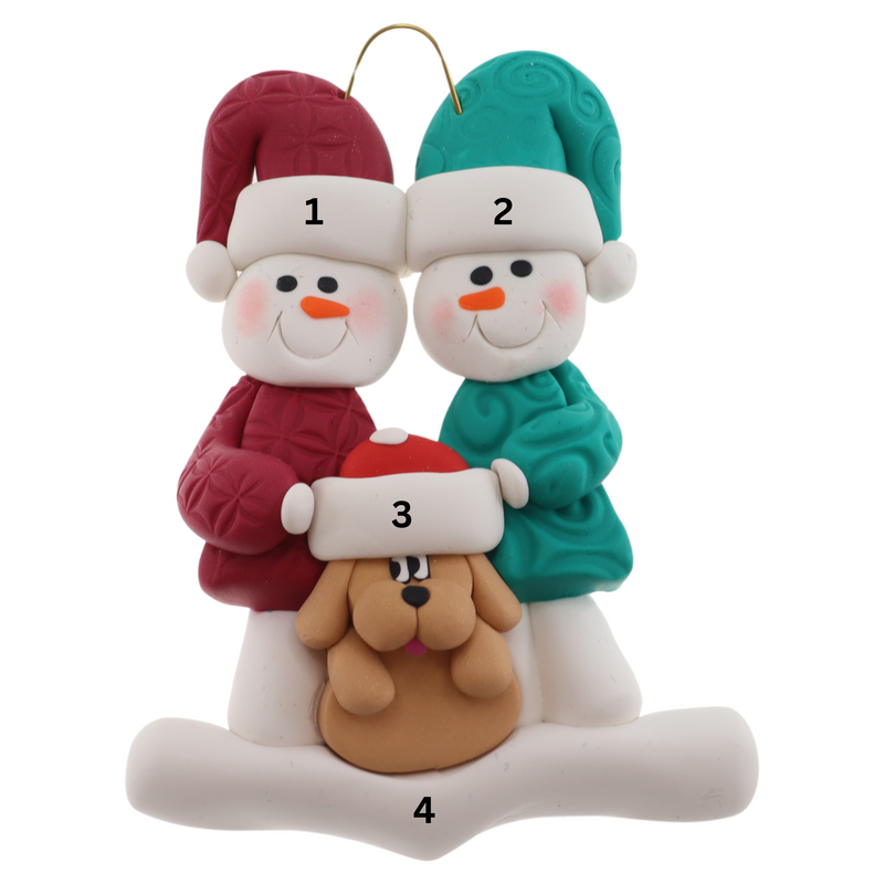 Ornament of snowman couple in red and green shirts and hats with tan dog in Christmas hat, numbered 1-4 for personalization.
