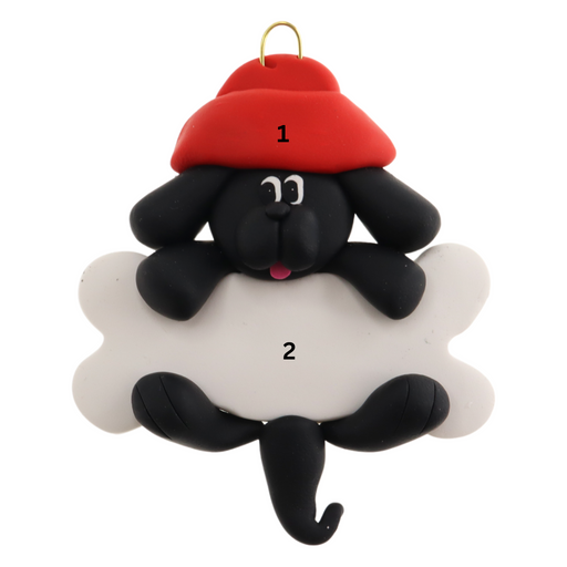 Ornament of black dog in red hat hanging on a white bone, numbered 1-2 for personalization.