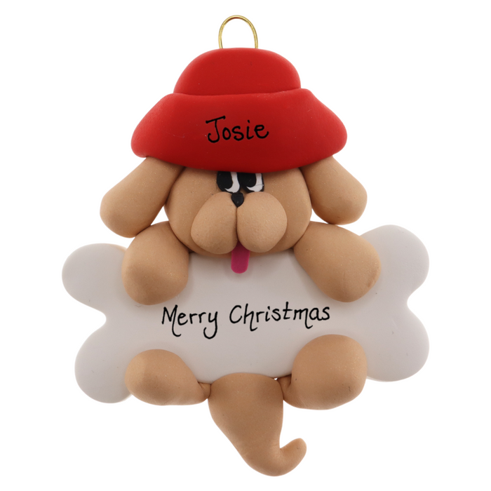 Dog Hanging on Bone Ornament - Tan