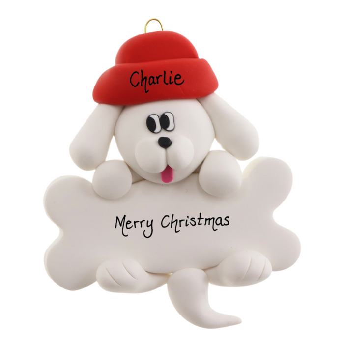 Dog Hanging on Bone Ornament - White