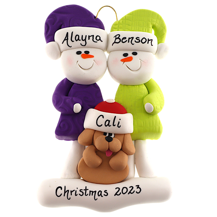 Snowman Couple with Brown Dog Ornament