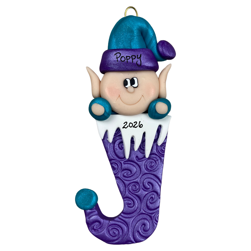Elf in Stocking Christmas Ornament - Purple