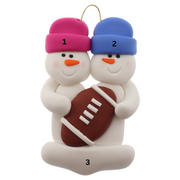 Family ornament with 2 white snowmen in bright hats with a football, numbered 1-3 for personalization.