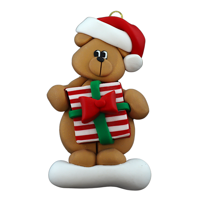 Holiday Bear with Present Ornament - Tan