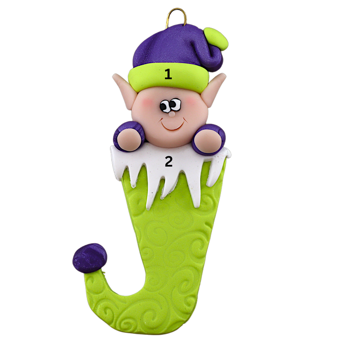 Holiday Elf in Stocking Ornament - Green