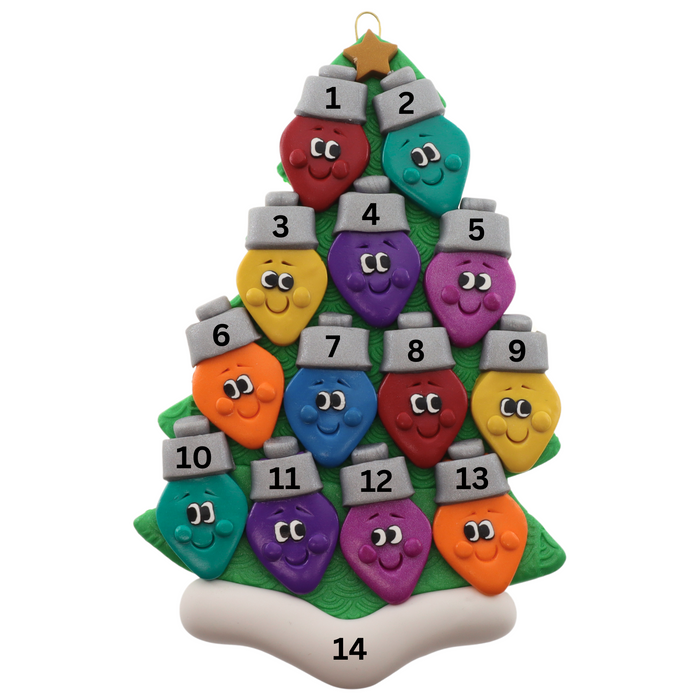 Christmas tree ornament decorated with 13 light bulbs with smiling faces, numbered 1-14 for personalization.