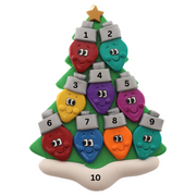 Christmas tree ornament decorated with 9 light bulbs with smiling faces, numbered 1-10 for personalization.