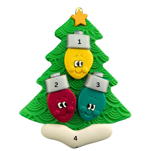 Christmas tree ornament decorated with 3 light bulbs with smiling faces, numbered 1-4 for personalization.