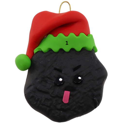 Black frowning lump of coal wearing red festive hat ornament, numbered for personalization.