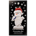 Ornament of white snowman in red hat holding a white badminton birdie, on display backing card.