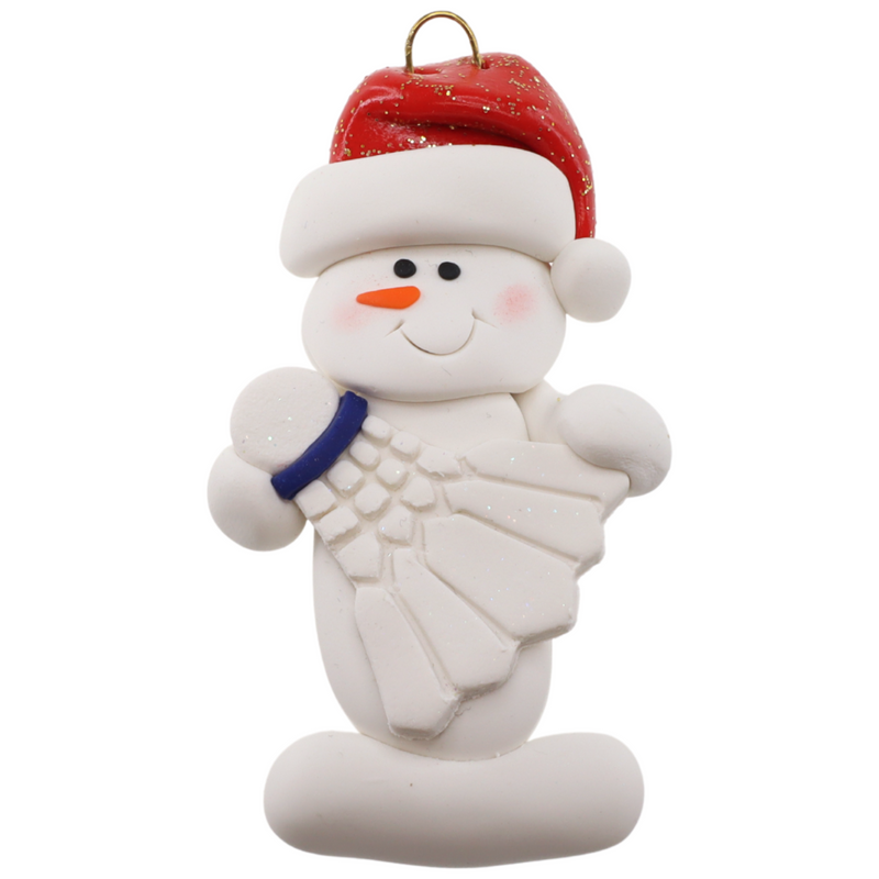 Ornament of white snowman in red hat holding a white badminton birdie.