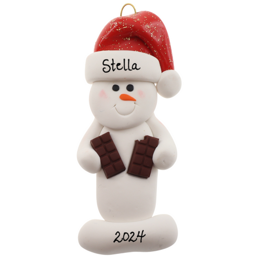 Ornament of white snowman in red hat holding two chocolate bars, personalized with name.